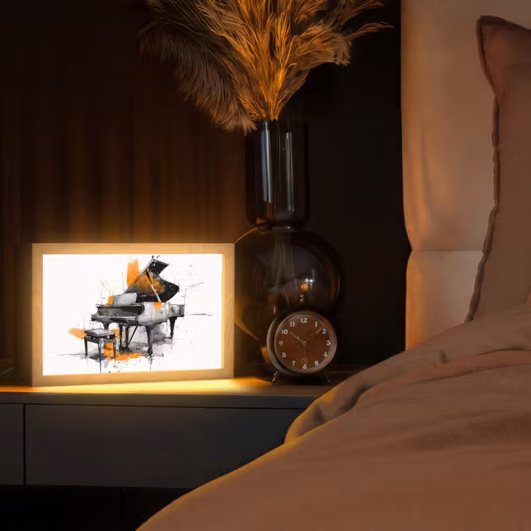 Piano - Oranje - Zwart - schets lijnen Light Box met kabel (Tafellamp) klein -sfeer1