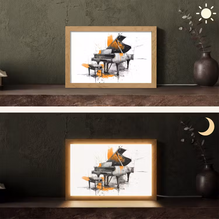 Piano - Oranje - Zwart - schets lijnen Light Box met kabel (Tafellamp) klein -sfeer3