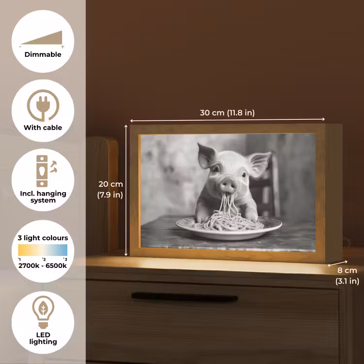 Varken - Schattig - Spaghetti - Zwart wit - Dier Light Box met kabel (Tafellamp) klein -USP_EN
