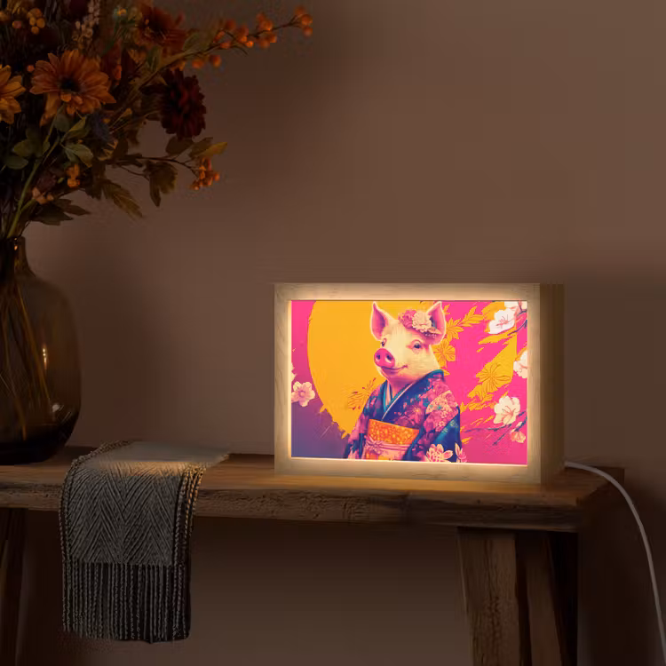 Varken - Bloemkroon - Kimono - Abstract Light Box met kabel (Tafellamp) klein -sfeer4