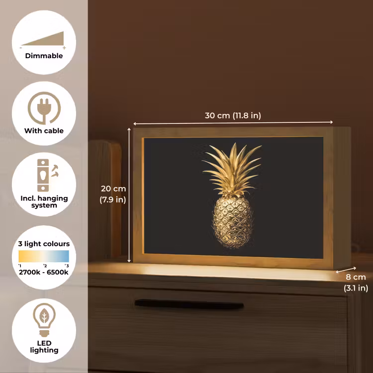 Ananas - Zwart - Goud - Luxe Light Box met kabel (Tafellamp) klein -USP_EN
