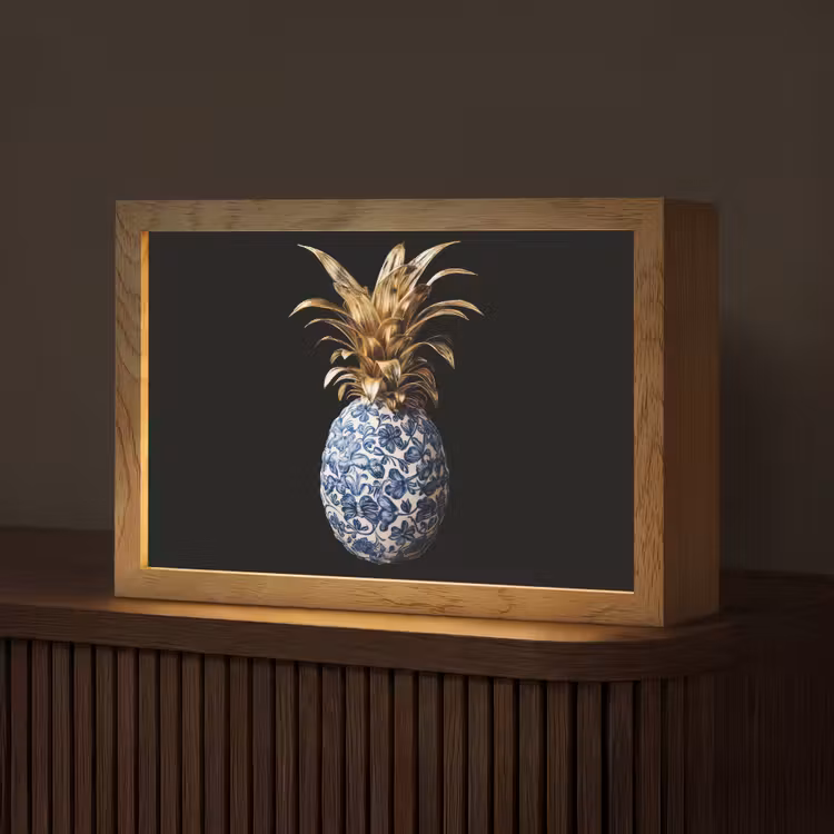 Ananas - Bloemen patroon - Goud - Delftsblauw Light Box met kabel (Tafellamp) klein -z3d_website