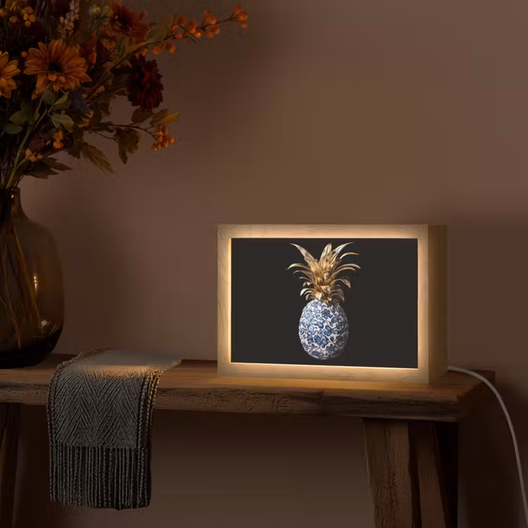 Ananas - Bloemen patroon - Goud - Delftsblauw Light Box met kabel (Tafellamp) klein -sfeer4