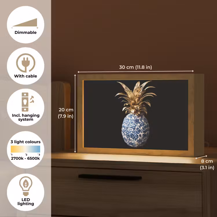 Ananas - Bloemen patroon - Goud - Delftsblauw Light Box met kabel (Tafellamp) klein -USP_EN