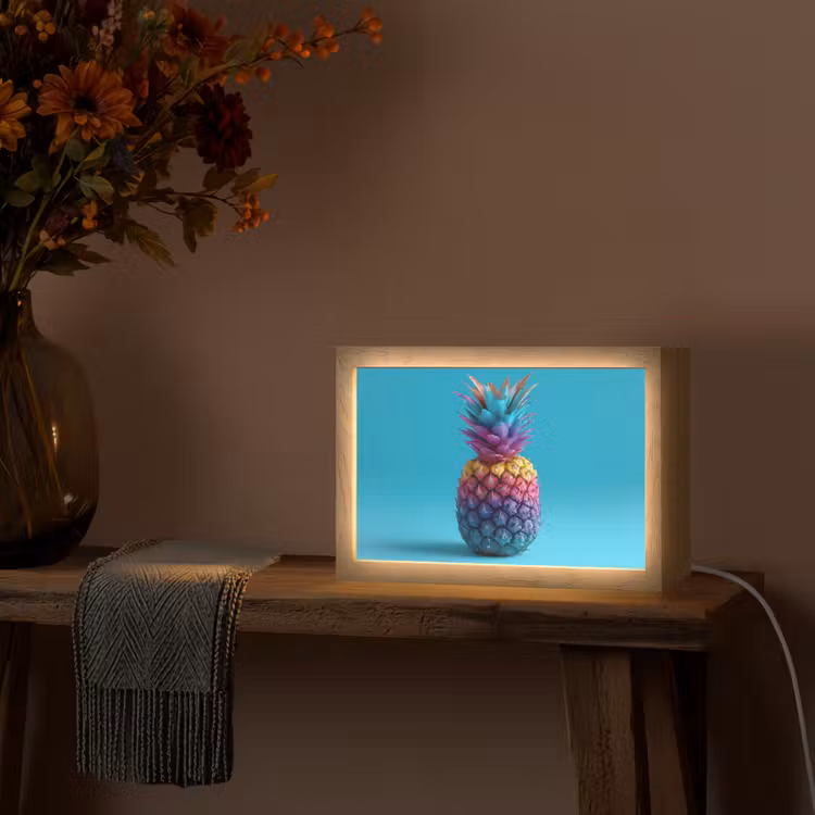 Ananas - Regenboog - Blauw - Popart Light Box met kabel (Tafellamp) klein -sfeer4