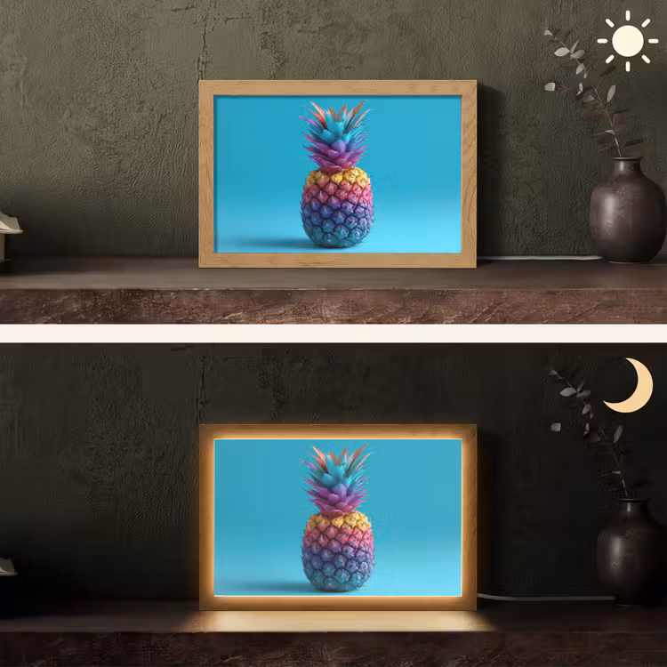 Ananas - Regenboog - Blauw - Popart Light Box met kabel (Tafellamp) klein -sfeer3