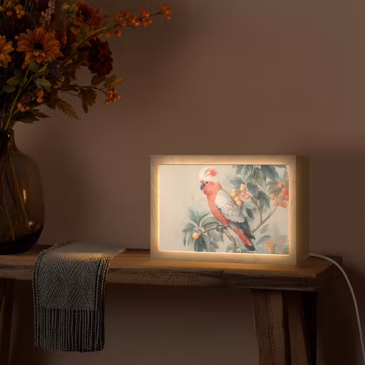 Roze kuifkaketoe - Tak met vruchten - Bladeren Light Box met kabel (Tafellamp) klein -sfeer4