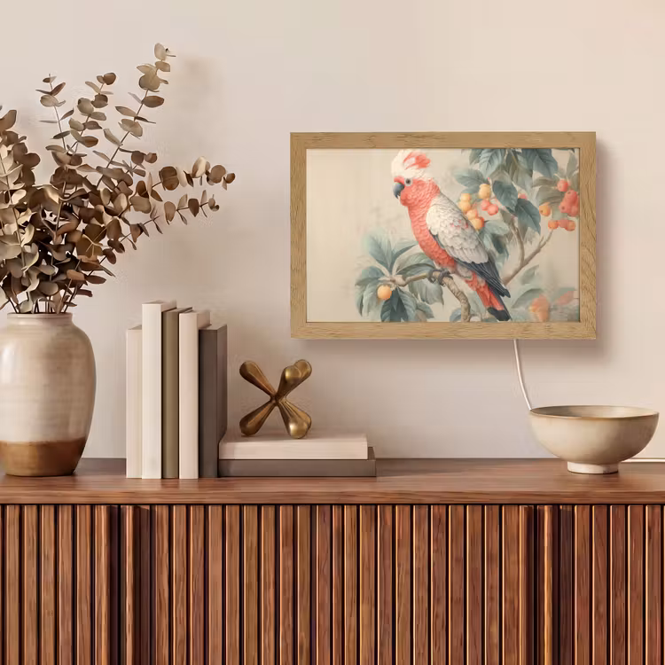 Roze kuifkaketoe - Tak met vruchten - Bladeren Light Box met kabel (Tafellamp) klein -sfeer2