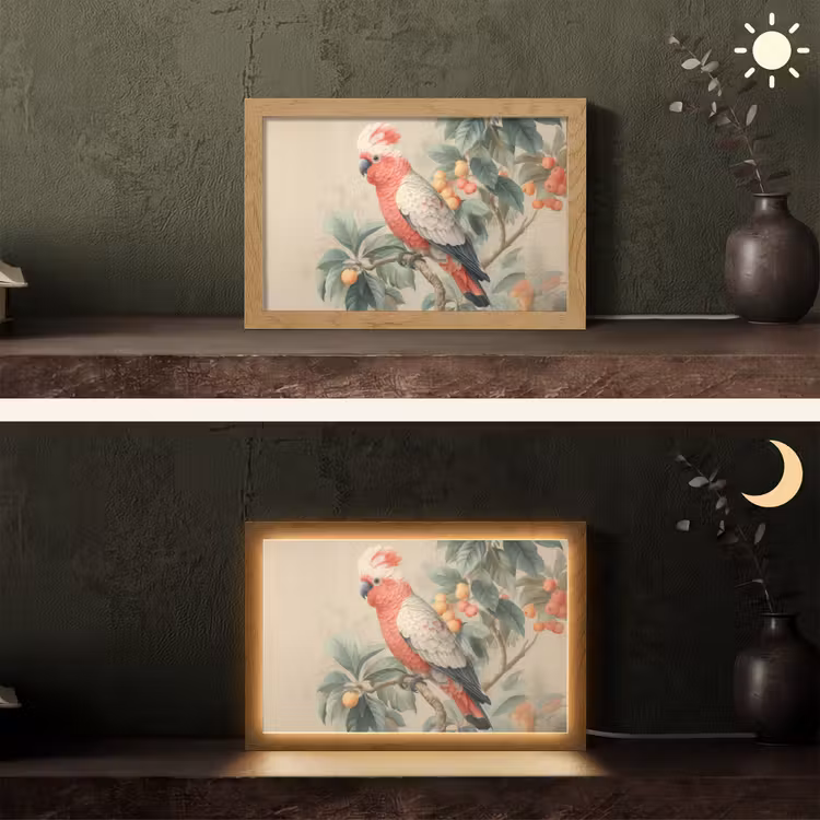 Roze kuifkaketoe - Tak met vruchten - Bladeren Light Box met kabel (Tafellamp) klein -sfeer3