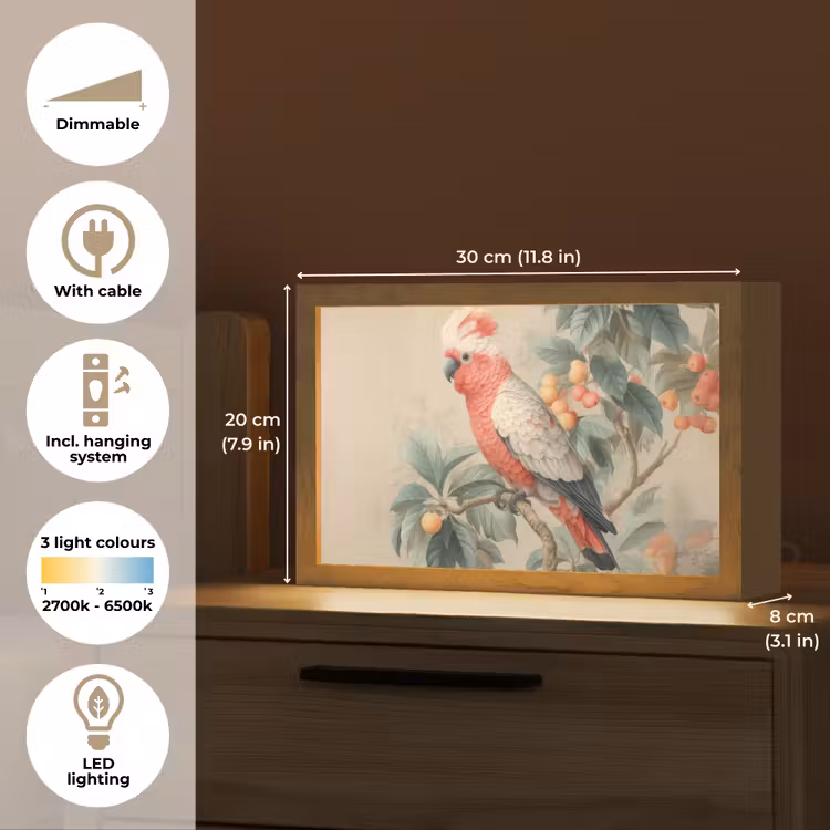 Roze kuifkaketoe - Tak met vruchten - Bladeren Light Box met kabel (Tafellamp) klein -USP_EN