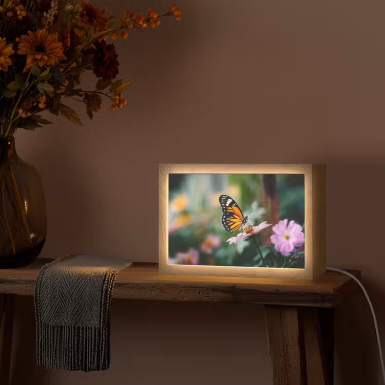Roze bloemen - Vlinder - Zachte focus Light Box met kabel (Tafellamp) klein -sfeer4