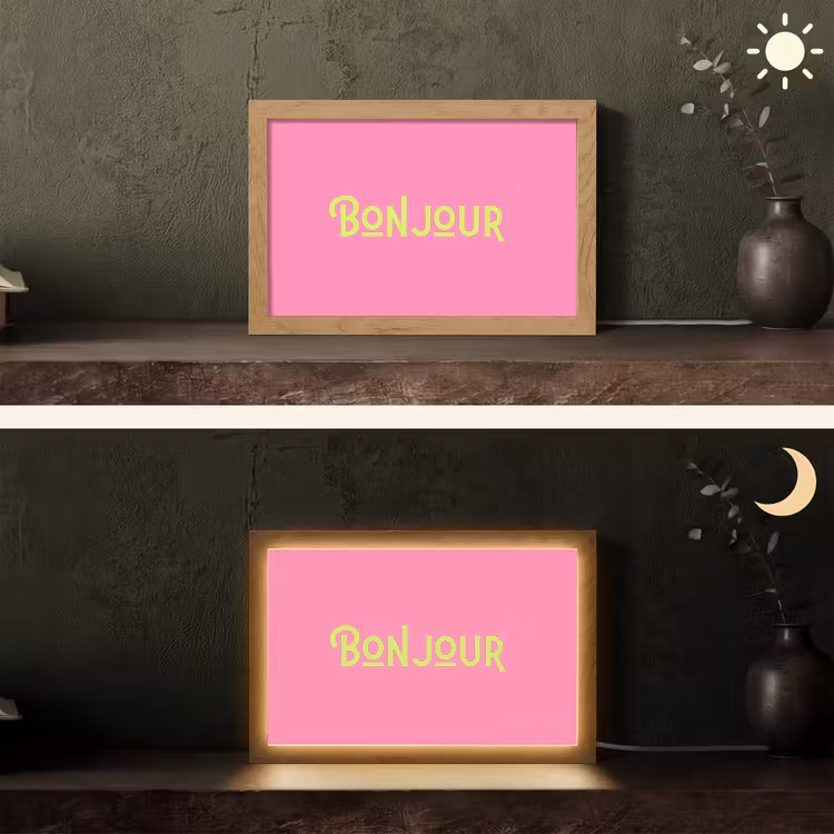 Roze - Groene Bonjour - art-deco Light Box met kabel (Tafellamp) klein -sfeer3