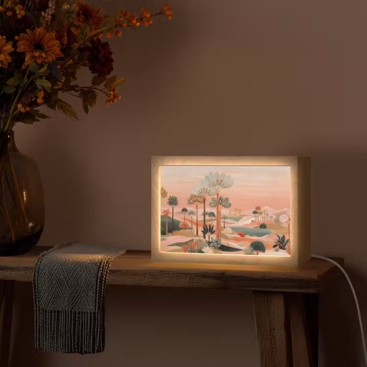 Roze landschap - Palmen - Water Light Box met kabel (Tafellamp) klein -sfeer4