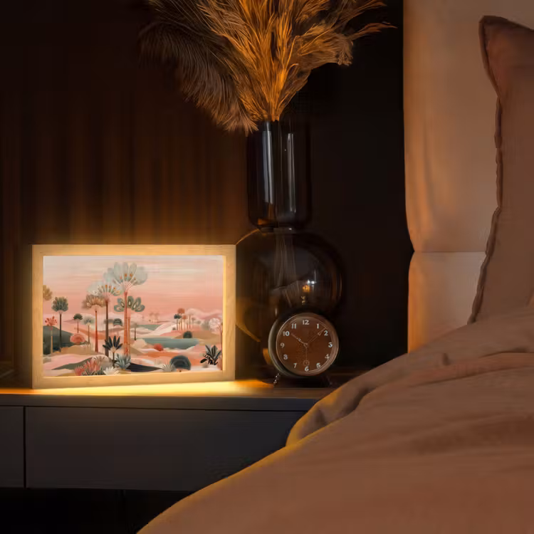 Roze landschap - Palmen - Water Light Box met kabel (Tafellamp) klein -sfeer1