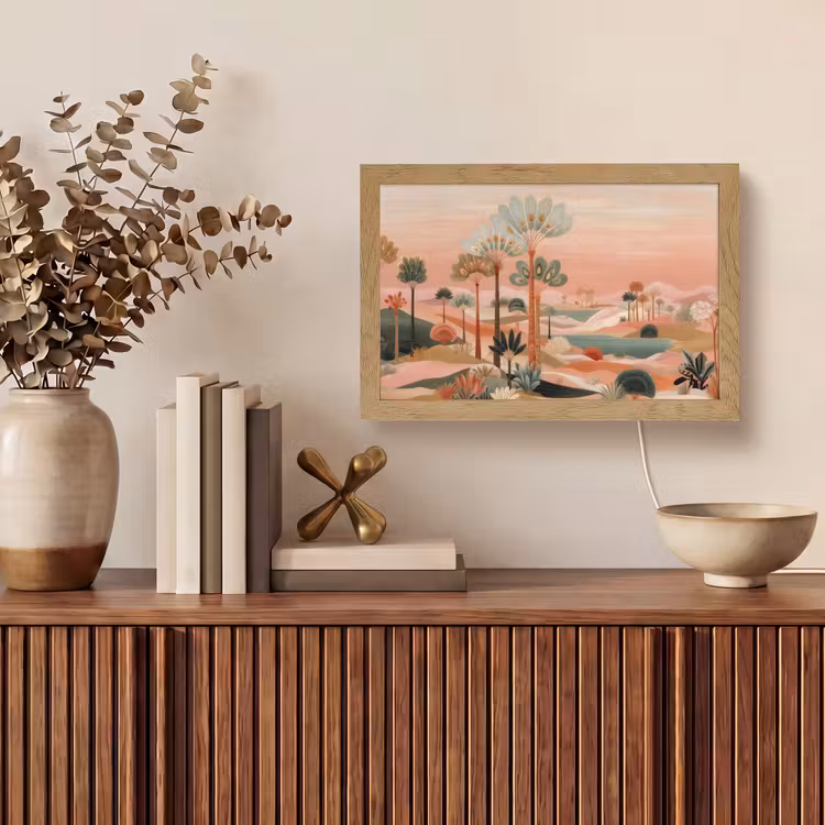 Roze landschap - Palmen - Water Light Box met kabel (Tafellamp) klein -sfeer2
