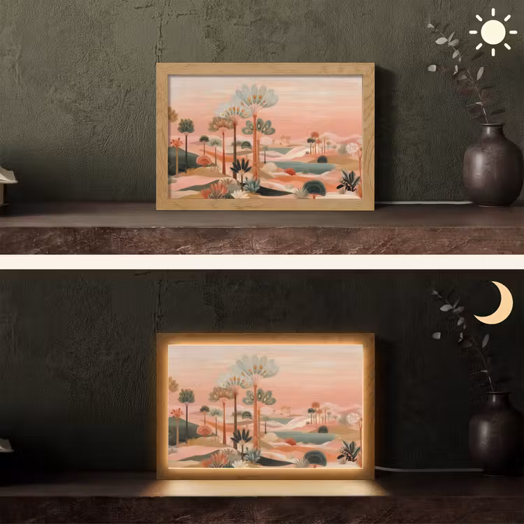 Roze landschap - Palmen - Water Light Box met kabel (Tafellamp) klein -sfeer3