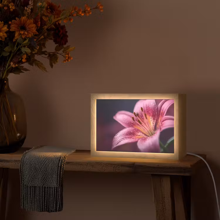 Roze - lelie - Dauwdruppels Light Box met kabel (Tafellamp) klein -sfeer4