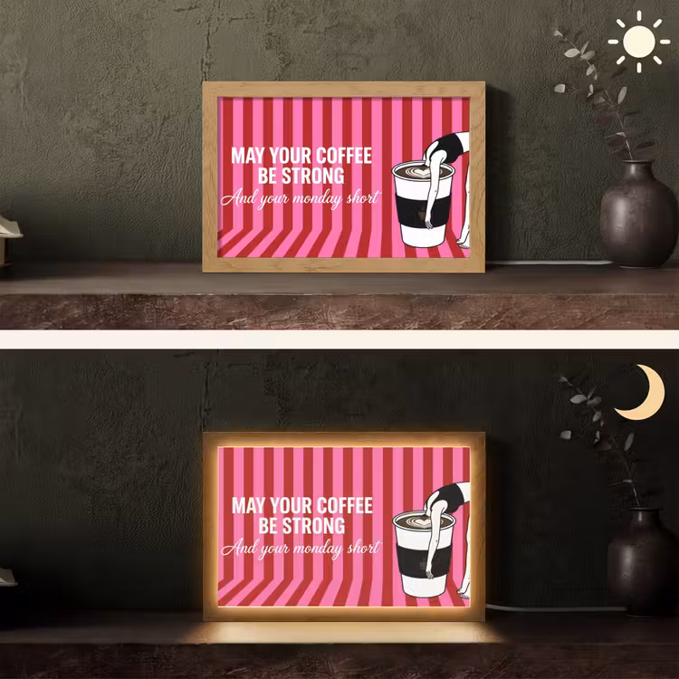 Roze - Strepen - Koffie - Maandag Light Box met kabel (Tafellamp) klein -sfeer3