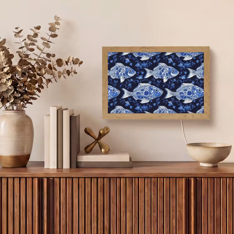 Vissen - Bloemen - Blauw Light Box met kabel (Tafellamp) klein 924 -sfeer2