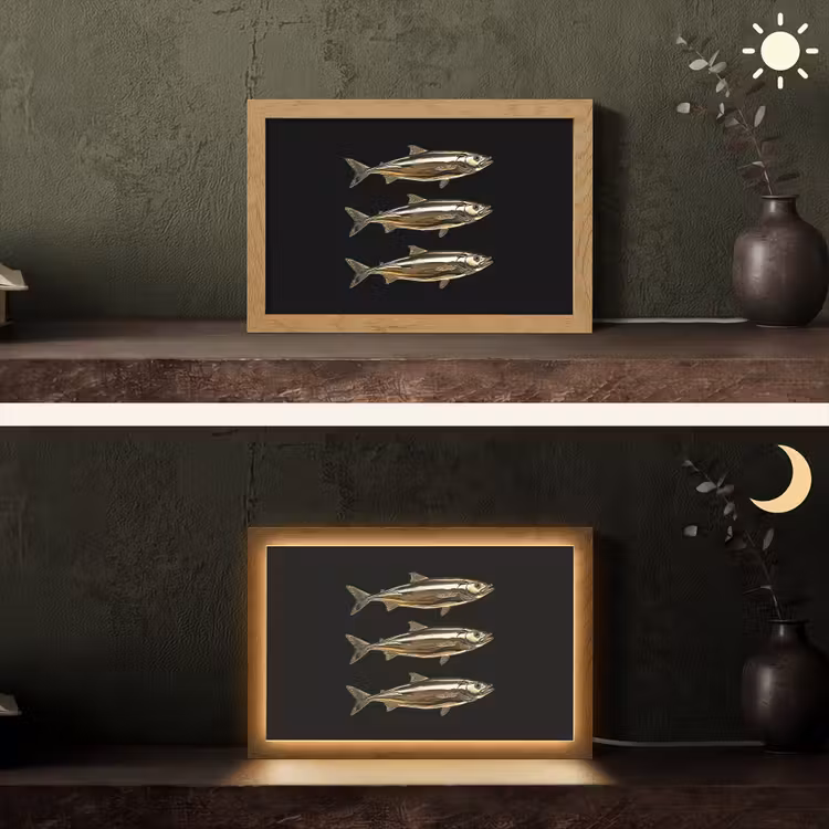 Vissen - Goud - Zwart Light Box met kabel (Tafellamp) klein -sfeer3