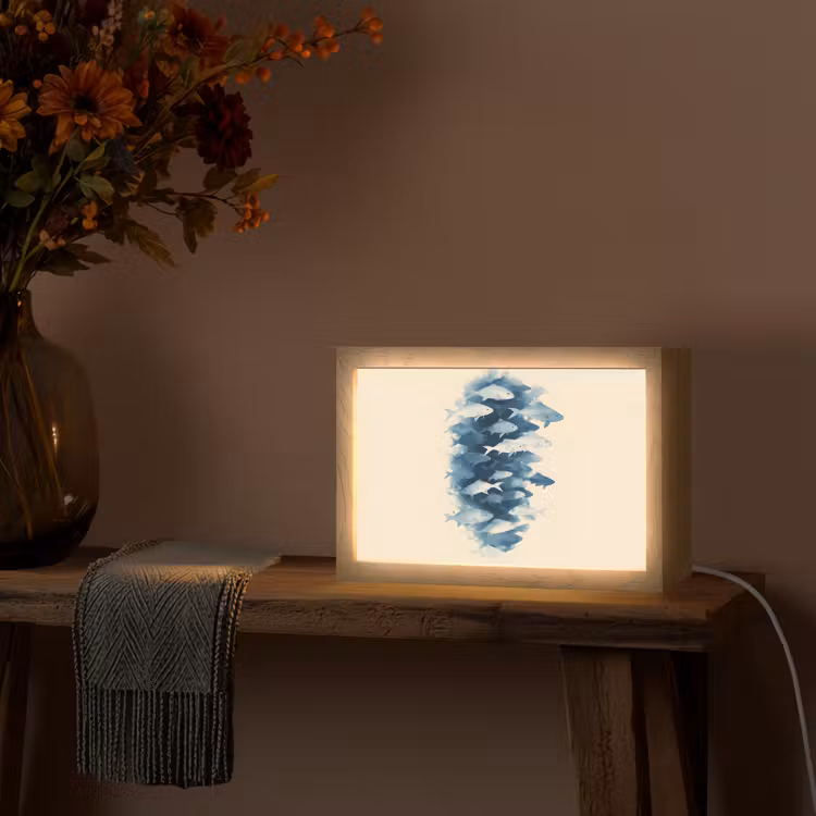 Vissen - Minimalistisch - Blauw Light Box met kabel (Tafellamp) klein -sfeer4