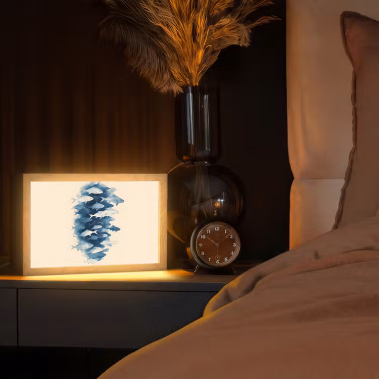 Vissen - Minimalistisch - Blauw Light Box met kabel (Tafellamp) klein -sfeer1