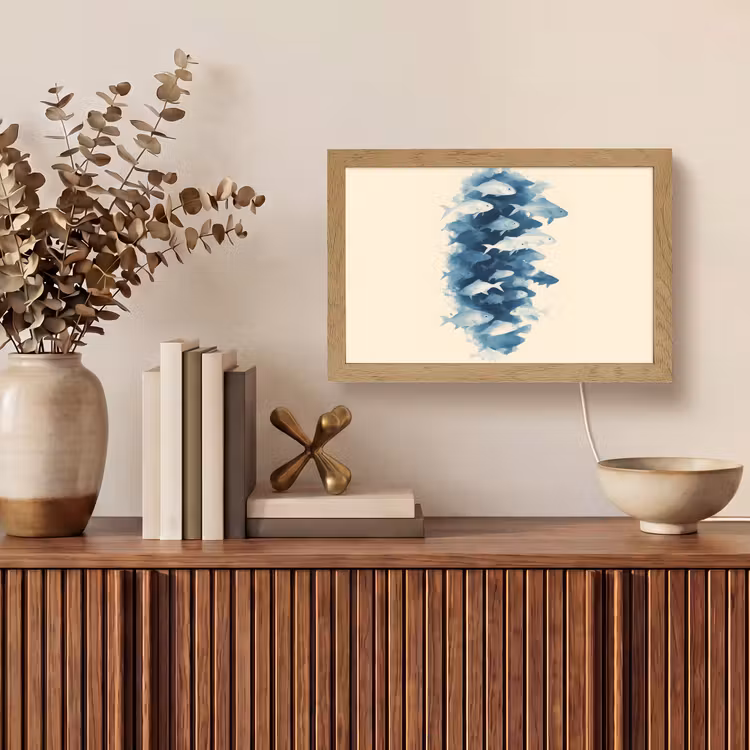 Vissen - Minimalistisch - Blauw Light Box met kabel (Tafellamp) klein -sfeer2