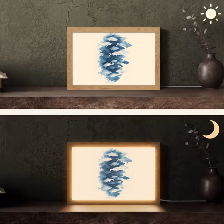 Vissen - Minimalistisch - Blauw Light Box met kabel (Tafellamp) klein -sfeer3