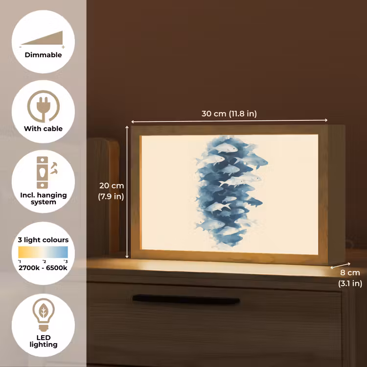 Vissen - Minimalistisch - Blauw Light Box met kabel (Tafellamp) klein -USP_EN