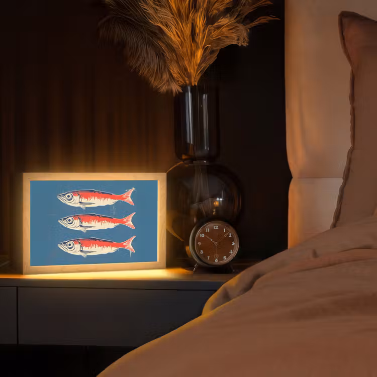 Vissen - Rood - Blauw Light Box met kabel (Tafellamp) klein -sfeer1