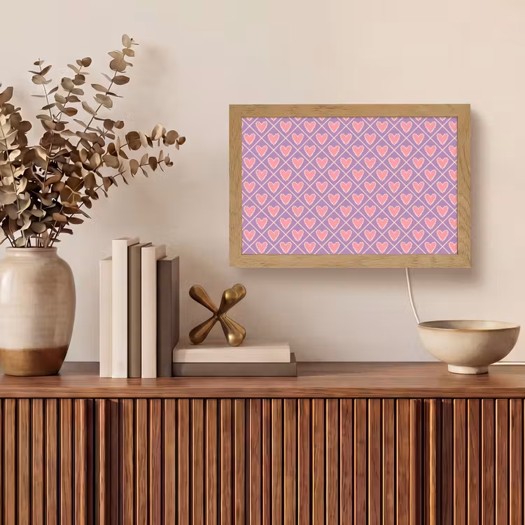 Ruit - Patroon - Paars - Hartjes Light Box met kabel (Tafellamp) klein 924 -sfeer2