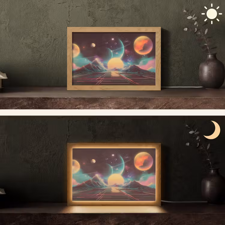 Planeten - Neon - Berglandschap - Zon Light Box met kabel (Tafellamp) klein -sfeer3
