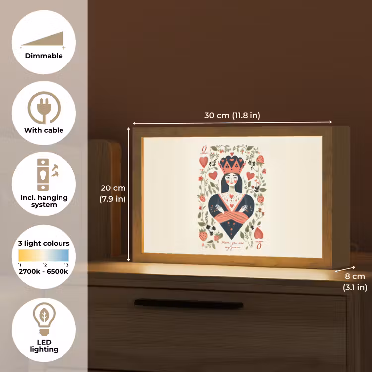 Speelkaart - Hartenkoningin - Bloemen - Hartjes Light Box met kabel (Tafellamp) klein -USP_EN