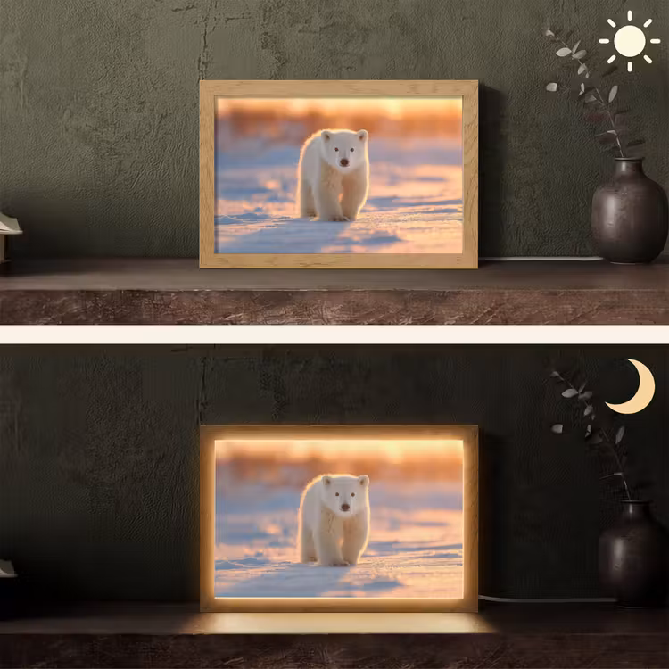 Ijsbeer - Sneeuw - Zonsopgang Light Box met kabel (Tafellamp) klein -sfeer3