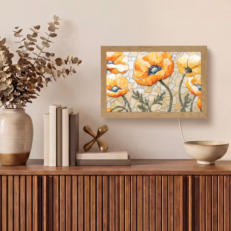 Klaprozen - Oranje - Mozaïek - Bladeren Light Box met kabel (Tafellamp) klein -sfeer2