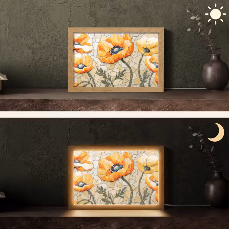 Klaprozen - Oranje - Mozaïek - Bladeren Light Box met kabel (Tafellamp) klein -sfeer3