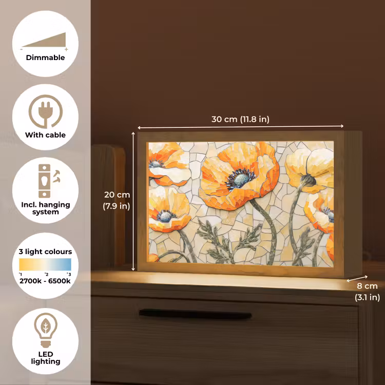 Klaprozen - Oranje - Mozaïek - Bladeren Light Box met kabel (Tafellamp) klein -USP_EN