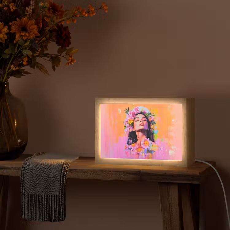 Portret - Bloemenkroon - Vrouw Light Box met kabel (Tafellamp) klein -sfeer4