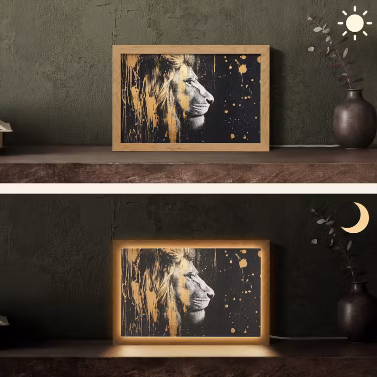Portret - Leeuw - Abstract - Goud Light Box met kabel (Tafellamp) klein -sfeer3