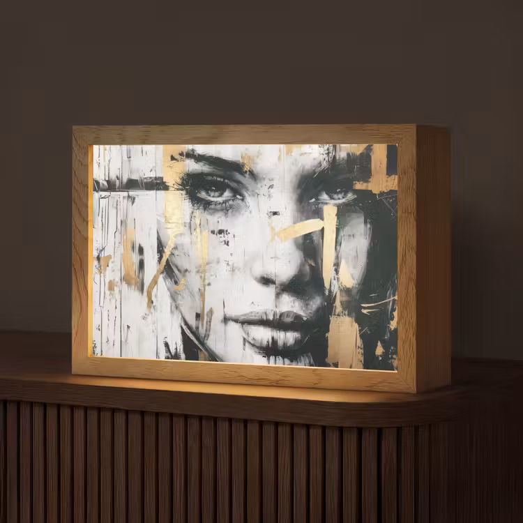 Portret - Vrouw - Penseelstreken - Goud Light Box met kabel (Tafellamp) klein -z3d_website