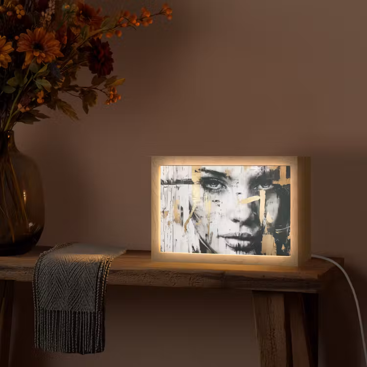Portret - Vrouw - Penseelstreken - Goud Light Box met kabel (Tafellamp) klein -sfeer4