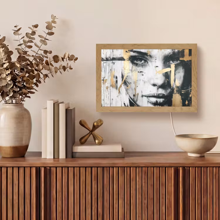 Portret - Vrouw - Penseelstreken - Goud Light Box met kabel (Tafellamp) klein -sfeer2