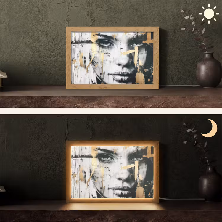 Portret - Vrouw - Penseelstreken - Goud Light Box met kabel (Tafellamp) klein -sfeer3