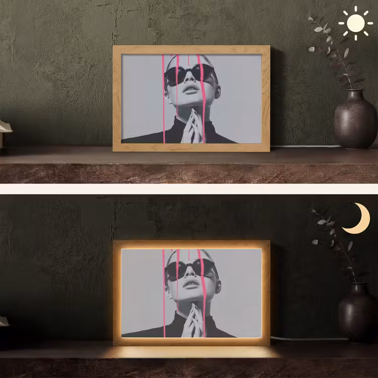 Portret - Vrouw - Zonnebril - Verfdruppels Light Box met kabel (Tafellamp) klein -sfeer3