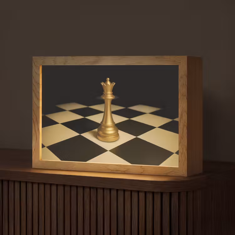 Koningin - Schaakstuk - Geblokt - Goud Light Box met kabel (Tafellamp) klein -z3d_website
