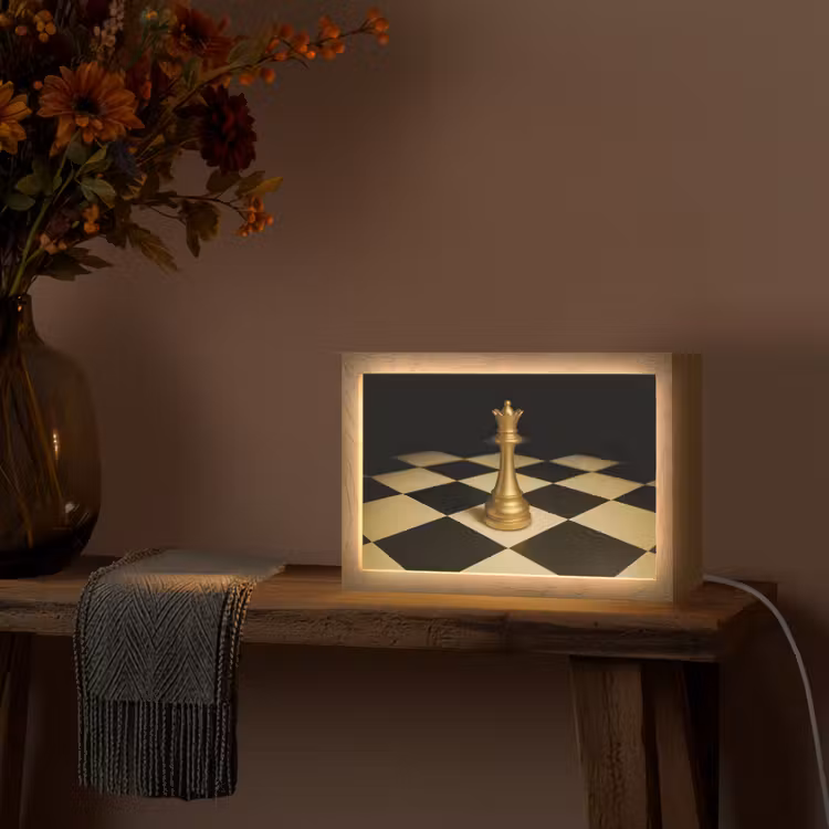 Koningin - Schaakstuk - Geblokt - Goud Light Box met kabel (Tafellamp) klein -sfeer4