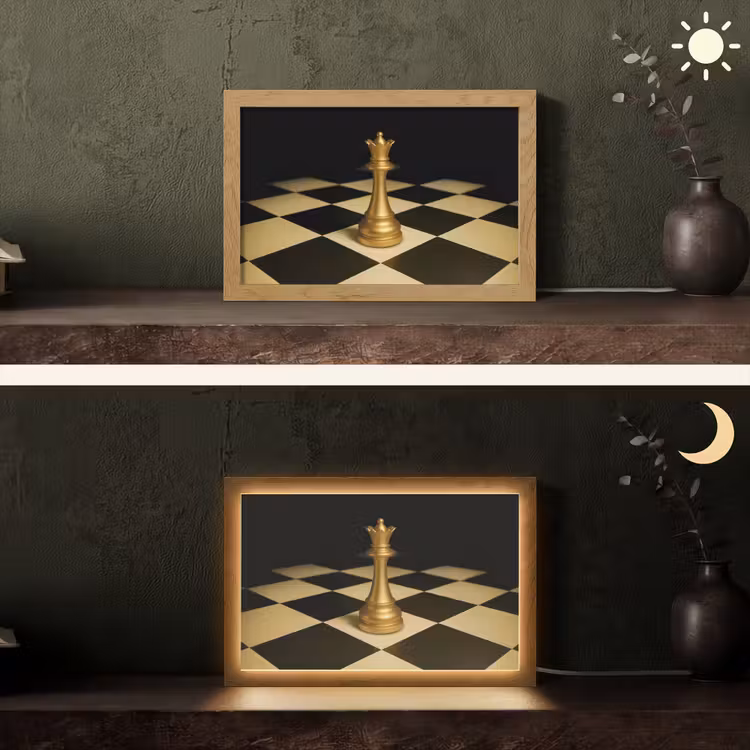 Koningin - Schaakstuk - Geblokt - Goud Light Box met kabel (Tafellamp) klein -sfeer3