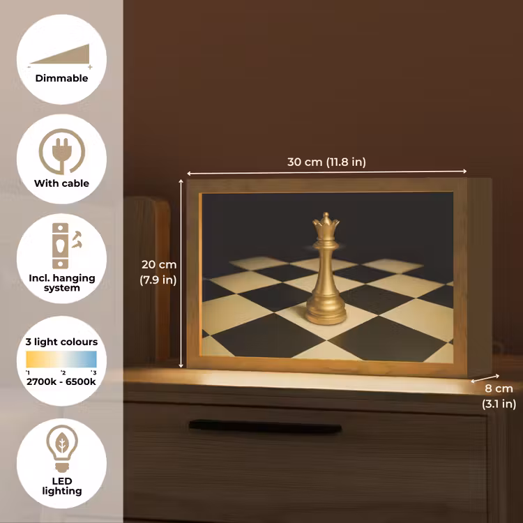 Koningin - Schaakstuk - Geblokt - Goud Light Box met kabel (Tafellamp) klein -USP_EN
