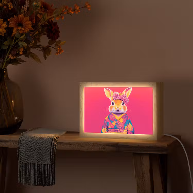 Konijn - Bloemen - Kleurrijk - Kimono Light Box met kabel (Tafellamp) klein -sfeer4