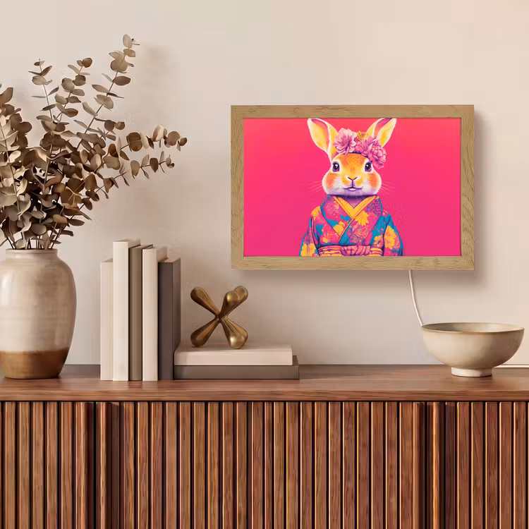 Konijn - Bloemen - Kleurrijk - Kimono Light Box met kabel (Tafellamp) klein -sfeer2